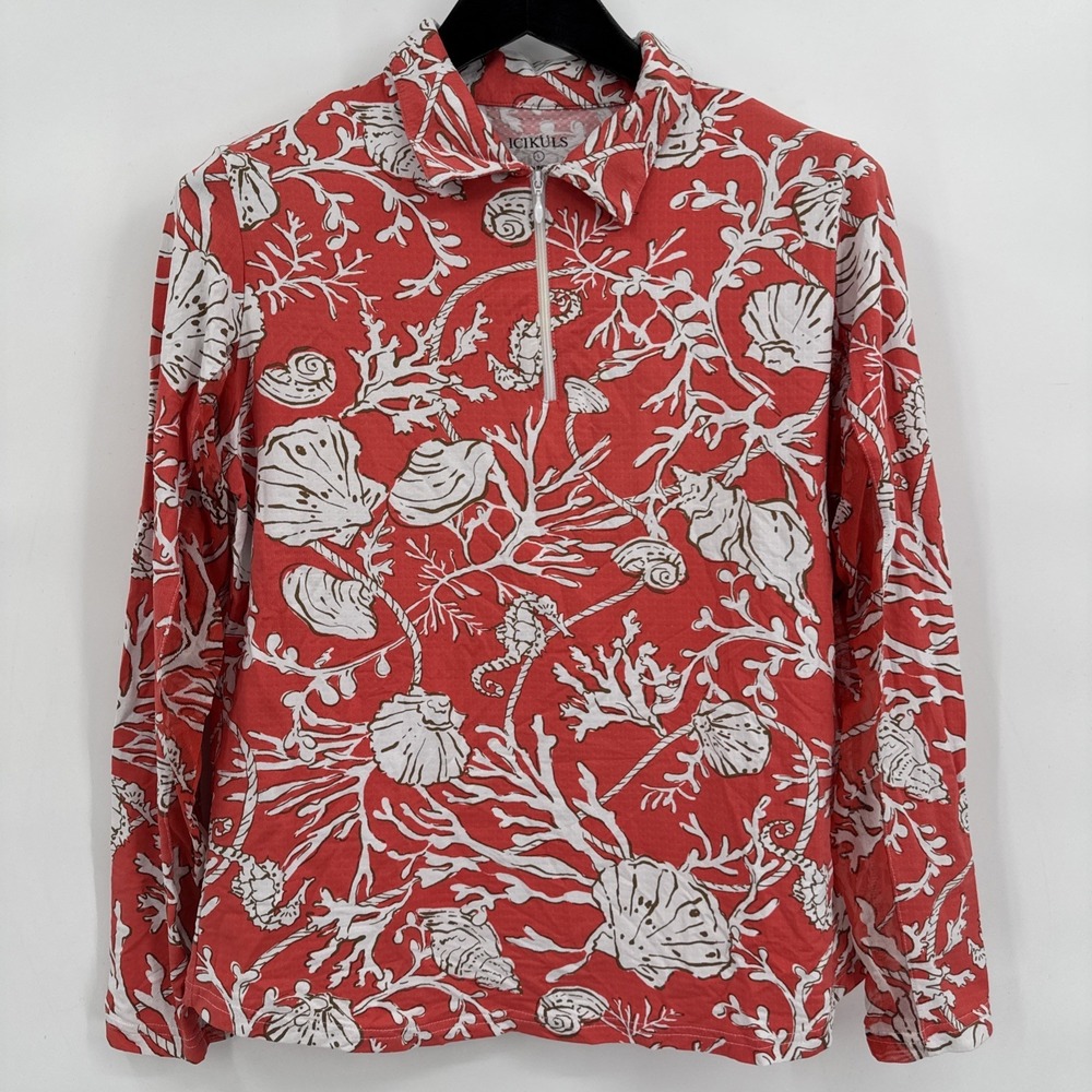 ICIKULS Sun Shirt Women Large Red‎ White Sea Shells 1/4 Zip IceFil UPF 50